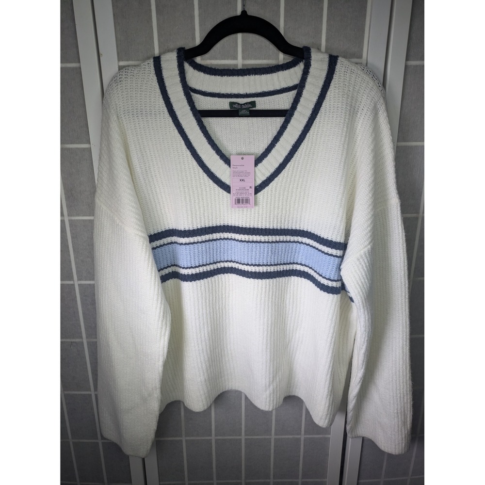 Wild Fable Womens Sweater XXL V-Neck Knit NWT $30 White Blue Striped Soft Preppy
